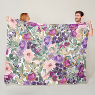 Paarse Roze Boho Watercolor Bloemen Fleece Deken