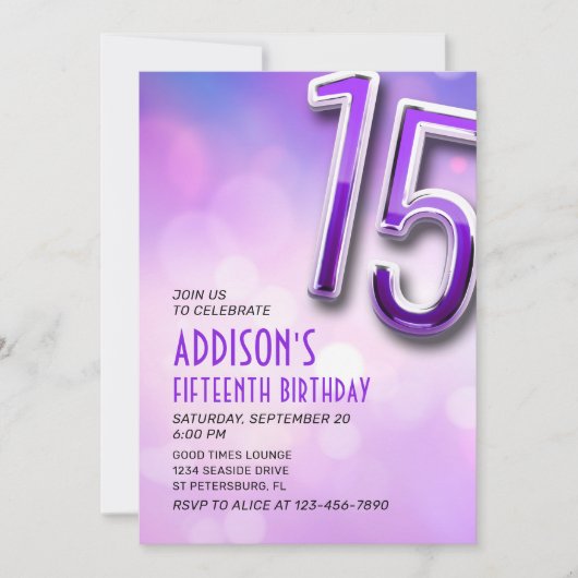 Paarse Roze Bokeh 15e Verjaardagsuitnodiging Kaart (Voorkant)