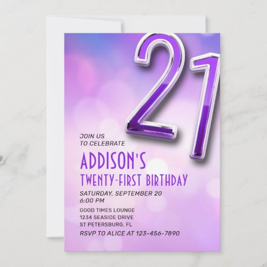 Paarse Roze Bokeh 21e Verjaardagsuitnodiging Kaart (Voorkant)