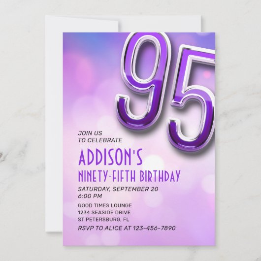 Paarse Roze Bokeh 95e Verjaardagsuitnodiging Kaart (Voorkant)