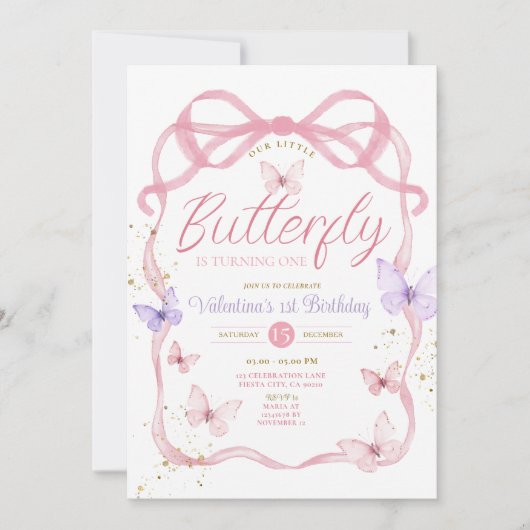 Paarse Roze Boog Onze Kleine Vlinder Verjaardag Kaart (Voorkant)