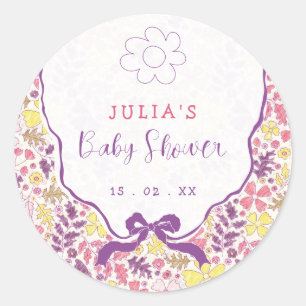 Paarse Roze Boog Wilde Bloemen Bloesems Baby Showe Ronde Sticker