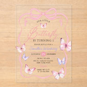 Paarse Roze Bow Butterfly Girl Verjaardagsfeestje Acryl Uitnodigingen (Voorkant)