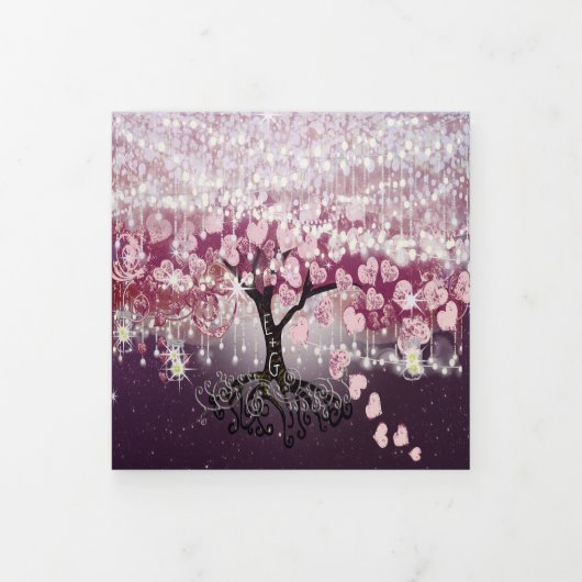 Paarse roze bruine wijn - Heart Leaf Tree Weddensc Drieluik Uitnodiging (Cover)