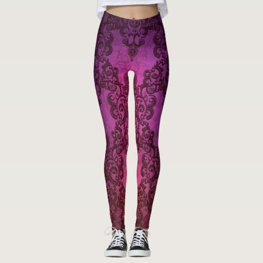 Paarse roze Damask Boho Style Leggings (Voorkant)