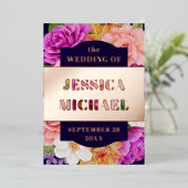 Paarse roze donkerblauwe Roos gouden bruiloft Folie Uitnodiging (Staand Voorkant)