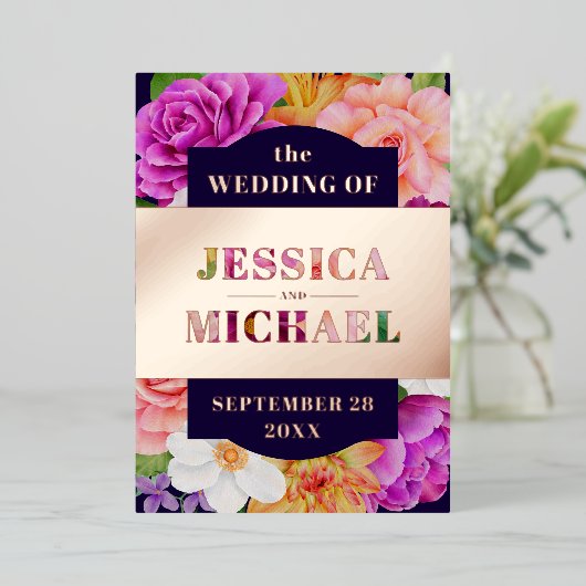 Paarse roze donkerblauwe Roos gouden bruiloft Folie Uitnodiging (Staand Voorkant)