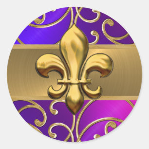 Paarse roze en goudfiligree Swirls Fleur de Lis Ronde Sticker