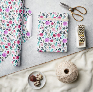 Paarse, roze en rode aquarel bloempatroon cadeaupapier