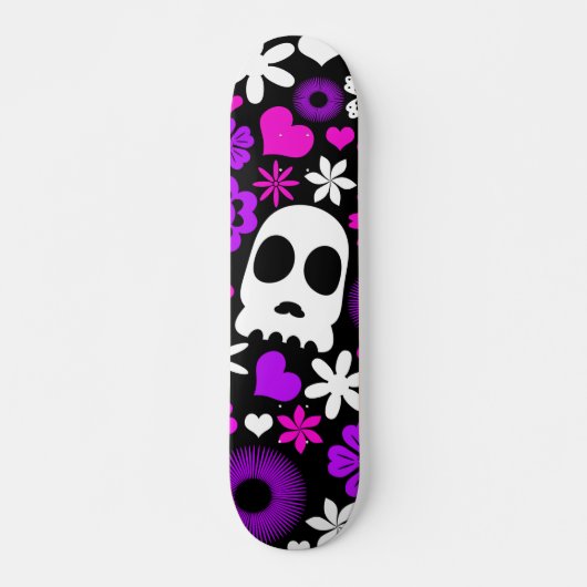 Paarse, roze en witte schedel en bloempatroon skateboard (Voorkant)