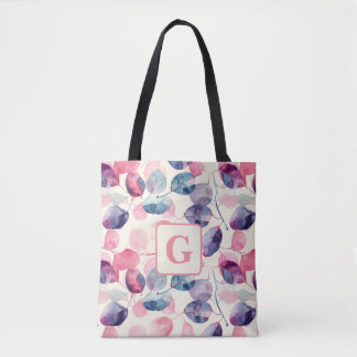 Paarse roze Eucalyptus Waterverf Bladeren monogram Draagtas