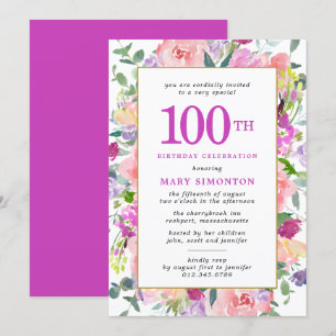 Paarse roze Floral 100e verjaardag Kaart