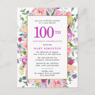 Paarse roze Floral 100e verjaardag Uitnodiging Briefkaart