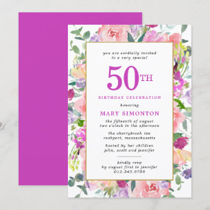 Paarse roze Floral 50e verjaardag uitnodiging