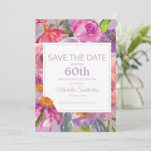 Paarse roze Floral 60e verjaardag Opslagdatum Save The Date (Staand voorkant)
