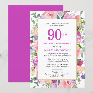 Paarse roze Floral 90e verjaardag Kaart