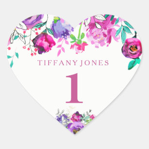 Paarse roze Floral Girl 1ste verjaardag Hart Sticker