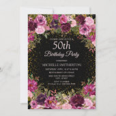 Paarse roze Floral Glitter Black 50th Birthday Kaart (Voorkant)
