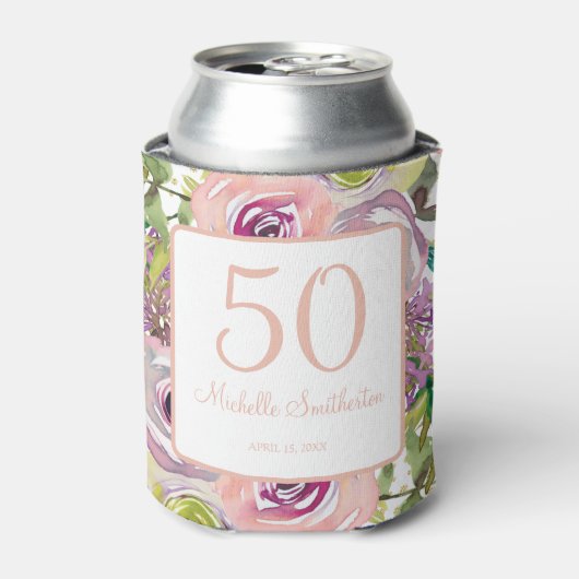 Paarse roze Floral Gold Glitter 50e verjaardag Blikjeskoeler (Blikje Voorkant)