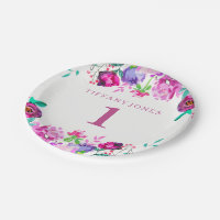 Paarse roze Floral-meisje 1e verjaardag Bord