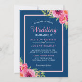 Paarse roze Floral Navy Blue Wedding Celebration Kaart (Voorkant)