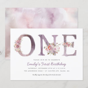 Paarse roze Floral Waterverf 1e verjaardag Kaart