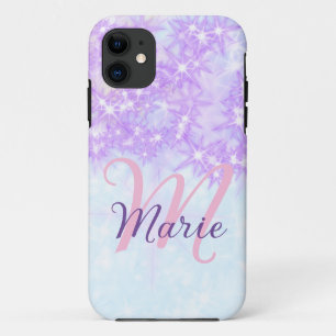 Paarse roze glinster ster monogram voeg letter tek iPhone 11 hoesje