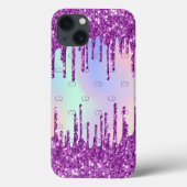 Paarse roze glitter druppelt holografisch monogram Case-Mate iPhone case (Achterkant)