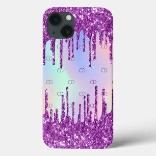 Paarse roze glitter druppelt holografisch monogram iPhone 13 hoesje
