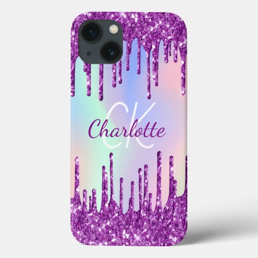 Paarse roze glitter druppelt holografische naam Case-Mate iPhone case (Achterkant)