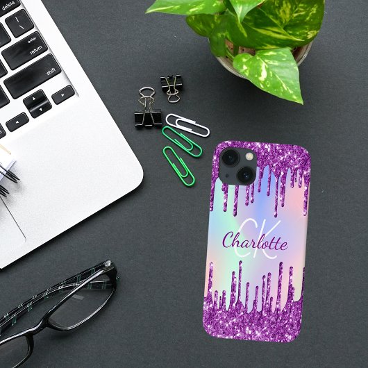 Paarse roze glitter druppelt holografische naam Case-Mate iPhone case