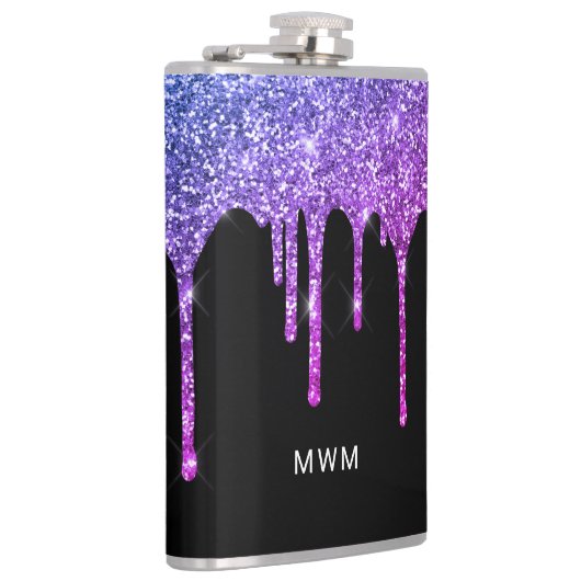 Paarse roze glitter druppelt op spaarmonogram heupfles (Rechts)