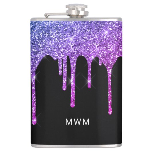 Paarse roze glitter druppelt op spaarmonogram heupfles (Voorkant)