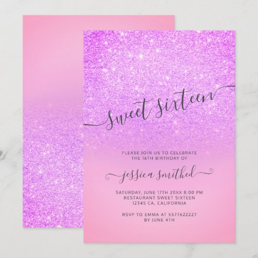 Paarse roze glitter elegant typografie Sweet 16 Kaart (Voorkant / Achterkant)