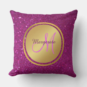 Paarse Roze Glitter Geborsteld Metaal Monogram Naa Kussen