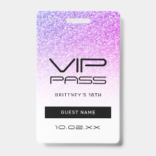 Paarse Roze Glitter Glam VIP Pass 18e uitnodiging Badge