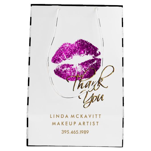 Paarse roze glitter Lips & White Stripes Medium Cadeauzakje (Achterkant)