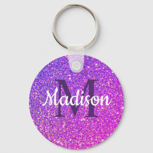 Paarse roze Glitter Ombre Chic Monogram Naam Sleutelhanger