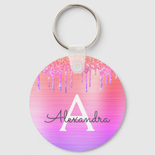 Paarse Roze Glitter RVS Monogram Sleutelhanger