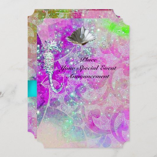 PAARSE ROZE GOLVEN, ZEEPAARDJES, SCHELPEN, BLAUWE KAART (Voorkant / Achterkant)