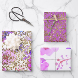 Paarse roze gouden damast kant bloemmotief inpakpapier vel