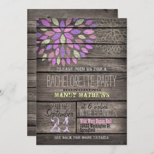 Paarse, roze, groen; rustieke vrijgezellenfeest kaart (Voorkant / Achterkant)