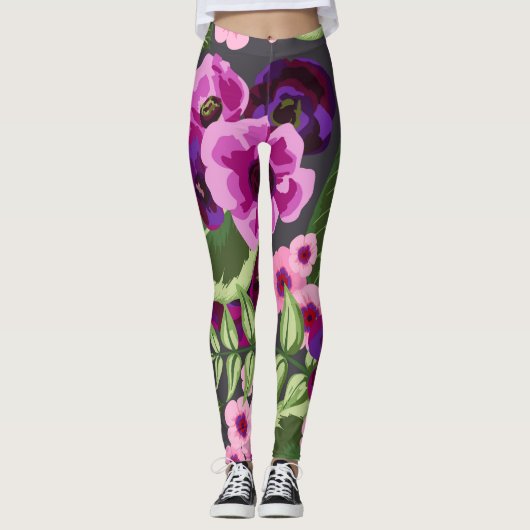 Paarse, roze, groene bloemige Leggings (Voorkant)