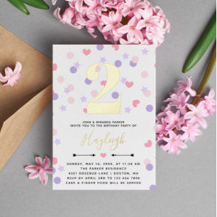 Paarse Roze Hart Confetti Peuter Kind Verjaardag Folie Uitnodiging