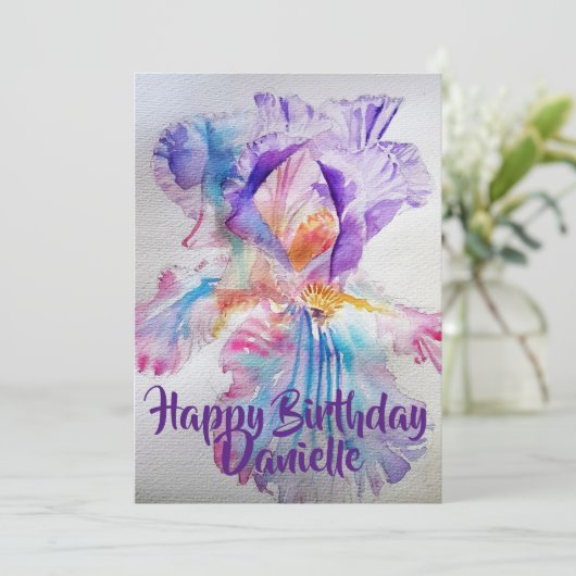 Paarse roze iris aquarel verjaardagsuitnodiging kaart (Staand voorkant)