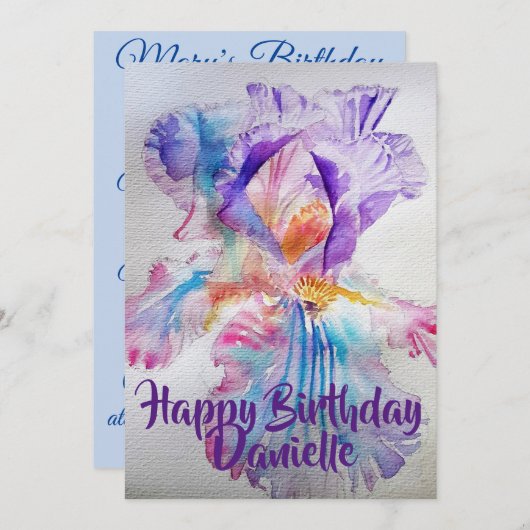 Paarse roze iris aquarel verjaardagsuitnodiging kaart (Voorkant / Achterkant)