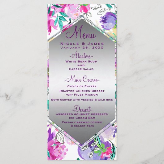 Paarse roze kleurrijke moderne Floral Wedding Menu (Voorkant)