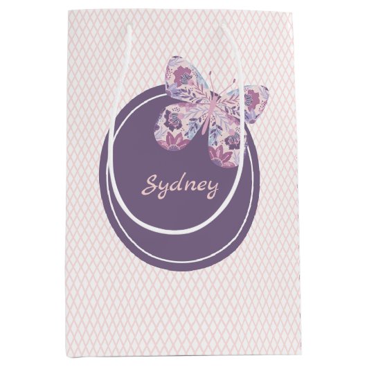 Paarse Roze Lattice Pattern Gepersonaliseerde Vlin Medium Cadeauzakje (Voorkant)