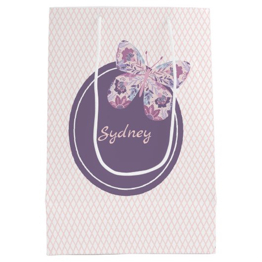Paarse Roze Lattice Pattern Gepersonaliseerde Vlin Medium Cadeauzakje (Achterkant)