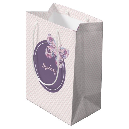 Paarse Roze Lattice Pattern Gepersonaliseerde Vlin Medium Cadeauzakje (Achterkant Gekanteld)